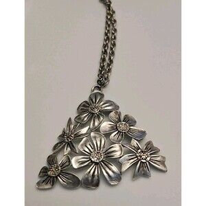 JJ Jonette Flower Pendant Necklace Silver Tone 24" Chain